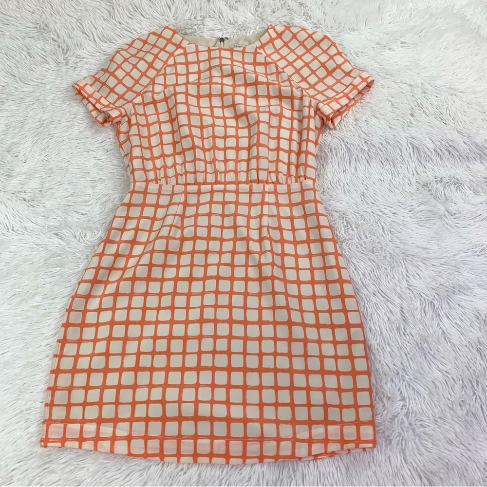 Fossil short sleeve Orange and White Grid Pattern 100% silk mini Dress